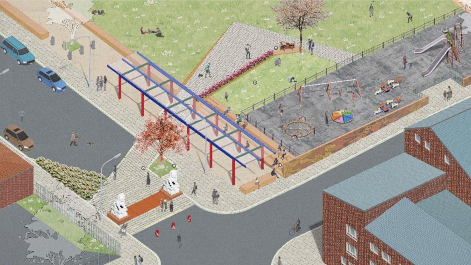 An artist's drawing showing a bird's eye view of the plan, which features two stone lions and a children's play area.