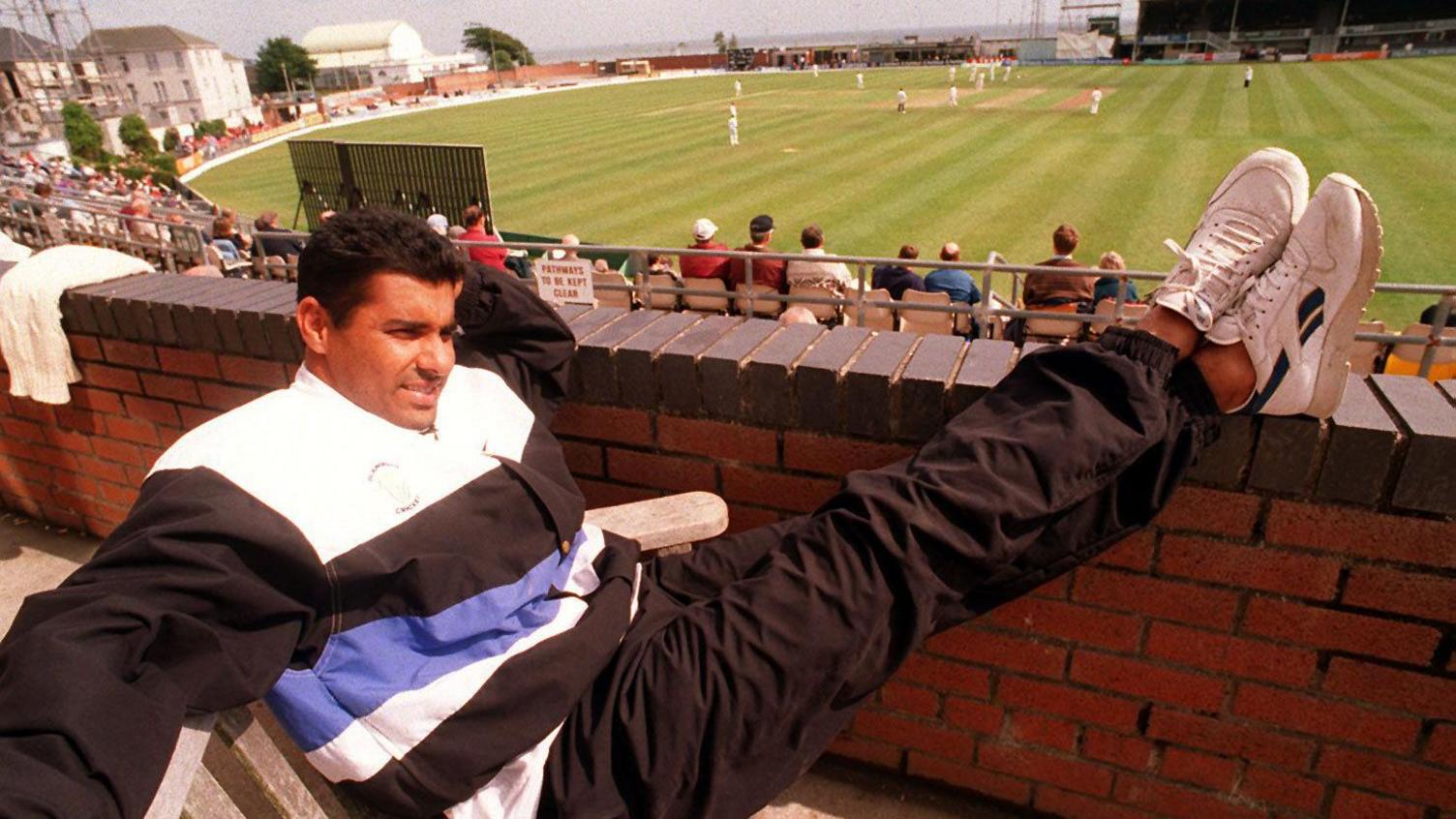 Waqar Younis relaxes after his record-breaking bowling exploits at St Helen's in 1997.
