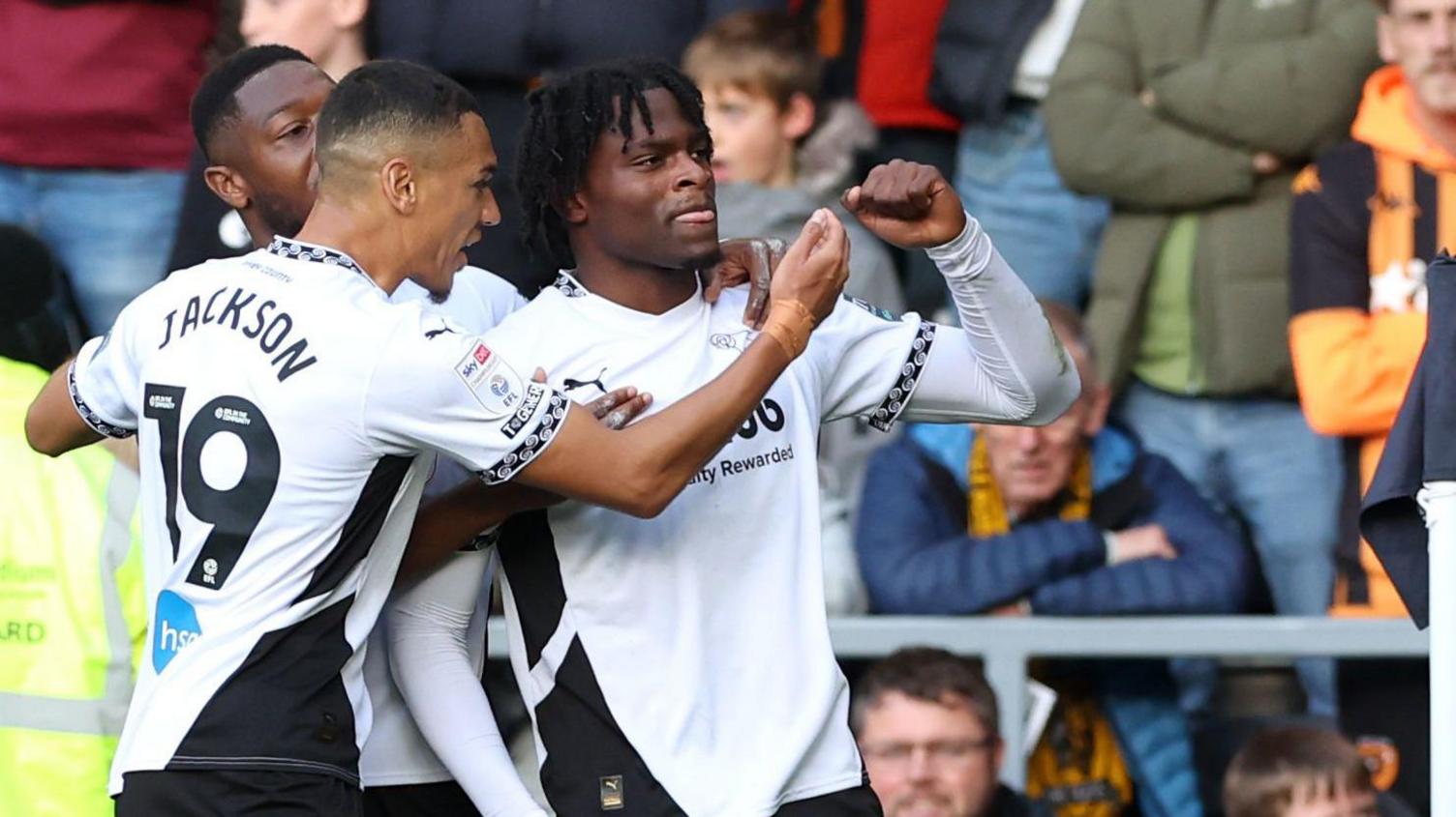 Dajaune Brown celebrates his first Derby goal with team-mates