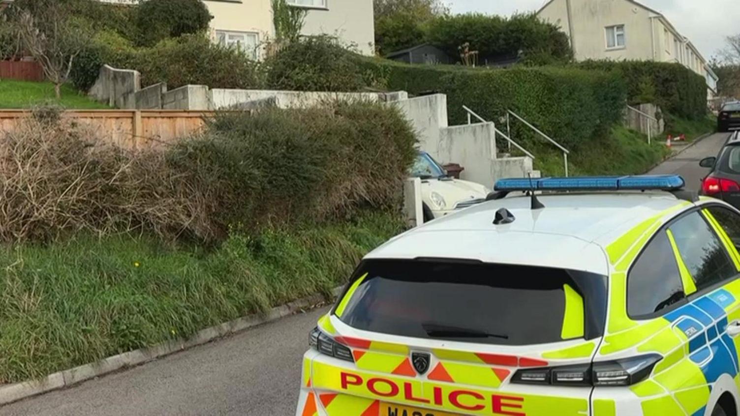 A police car parked outside a row of houses which are on higher ground.