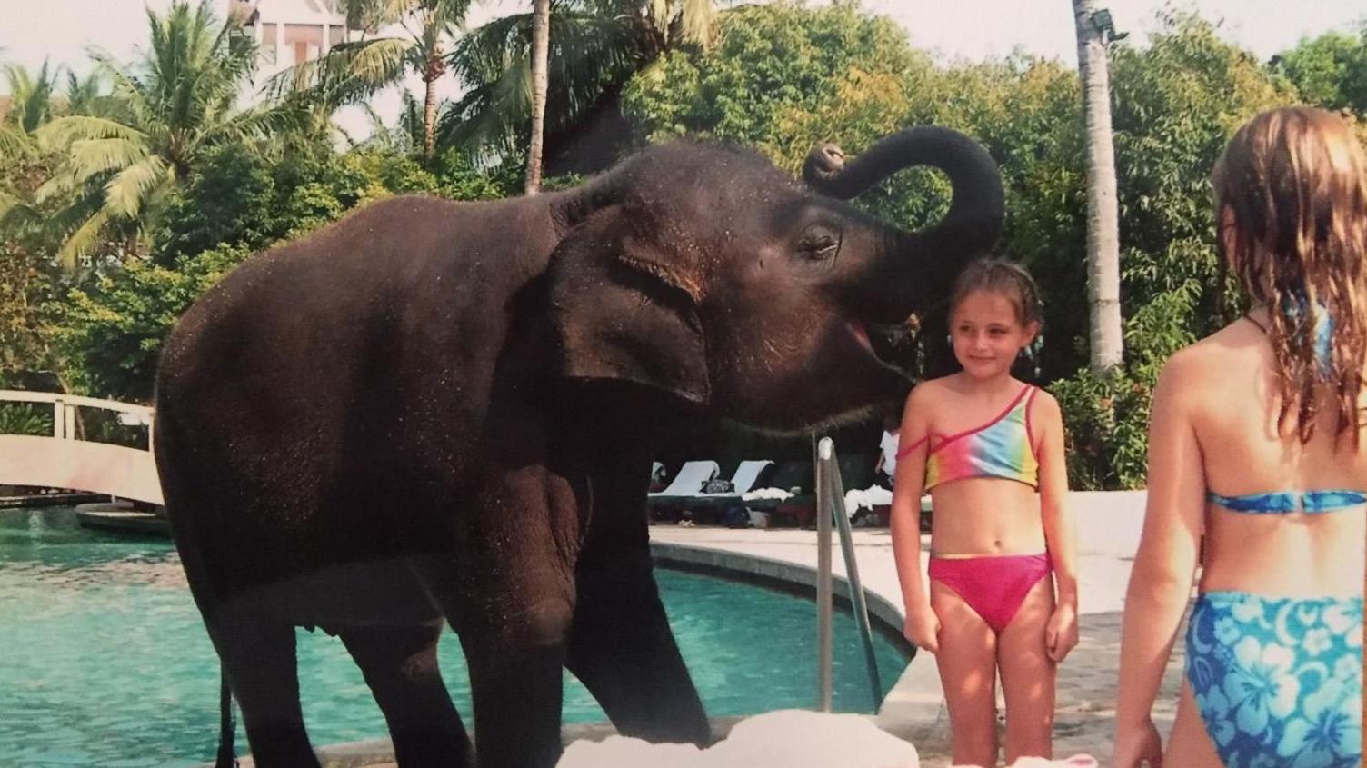 Amber Mason, standing next to an elephant, by a hotel pool, wearing a colurful bikini, with pink bottoms, with another girl, with wet hair, and a blue bikini, with her back to the camera. 