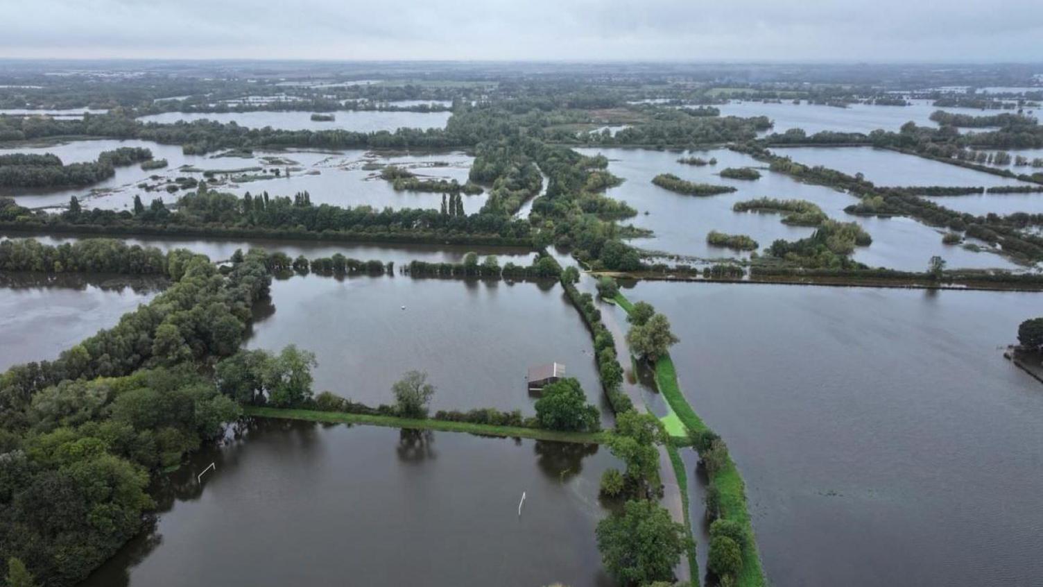 An aerial view of flooded fields separated by trees at Fen Drayton nature reserve