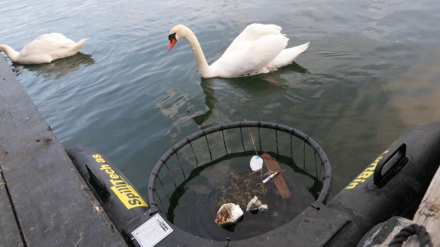 A basket with a vacuum attached, floating on a marina wall. 