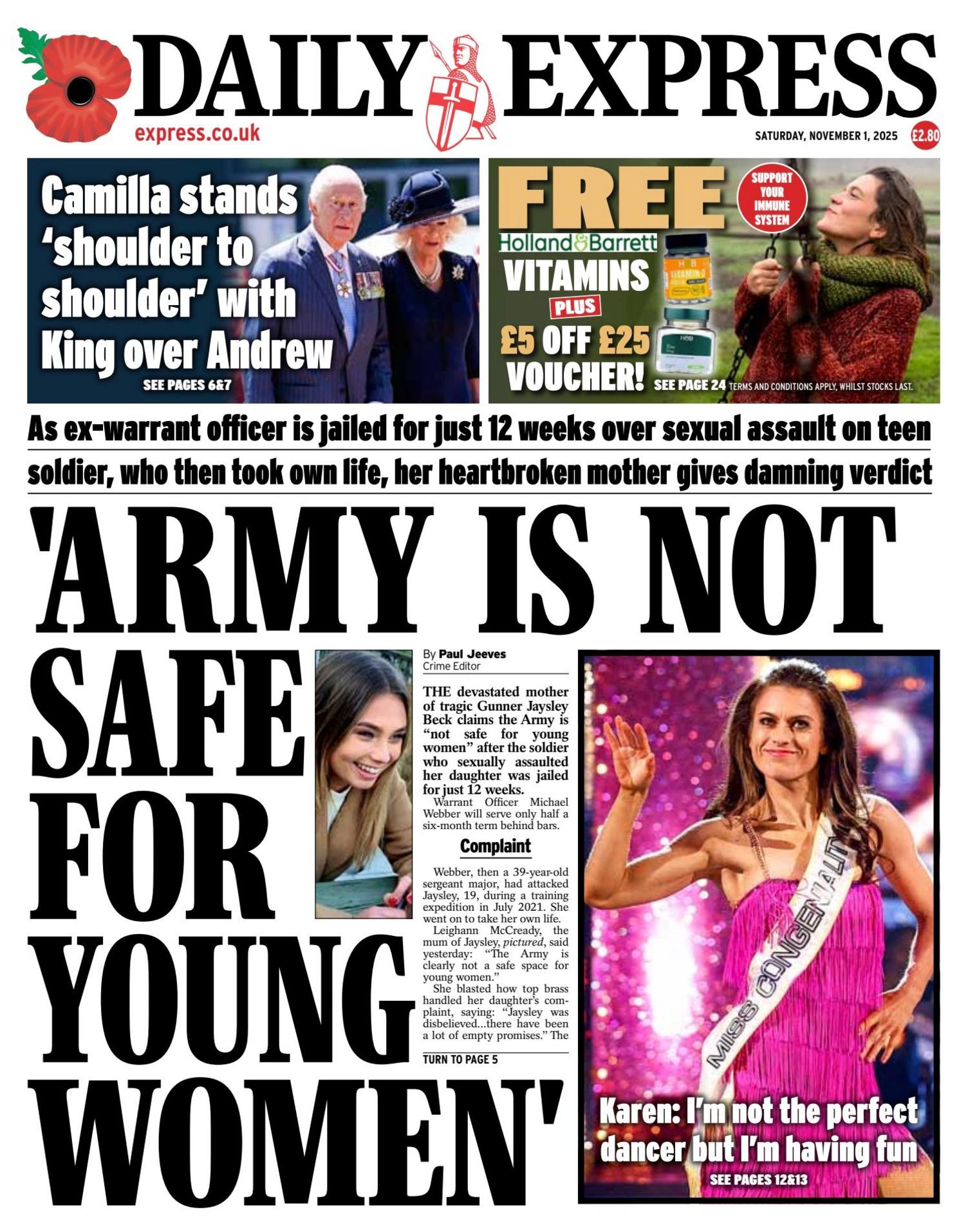 The headline on the front page of the Express reads: “Army is not safe for young women”.