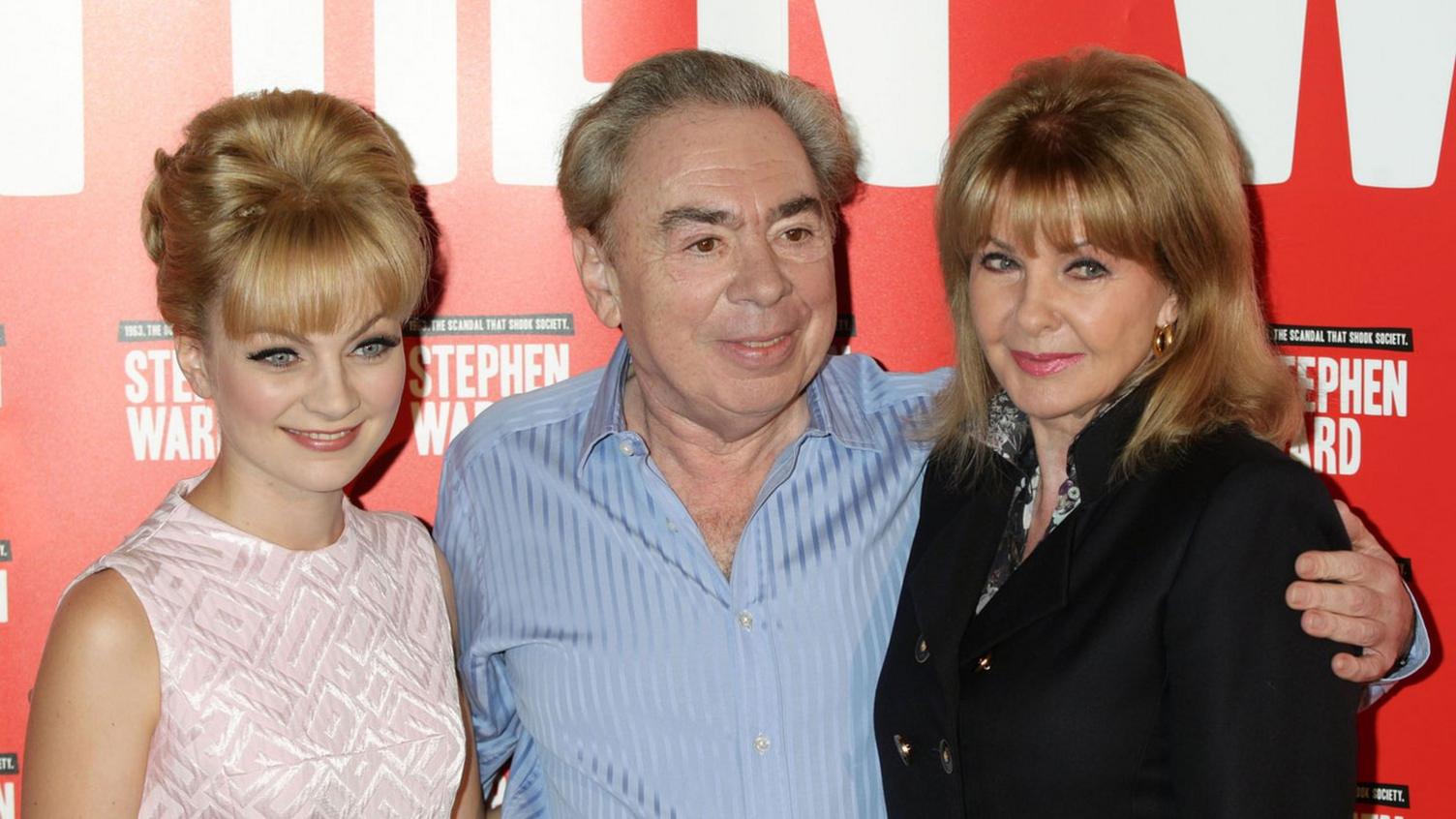 Andrew Lloyd Webber (centre) with Mandy Rice-Davies (right) and Charlotte Blackledge (left), who plays Mandy Rice-Davies in the musical, Stephen Ward