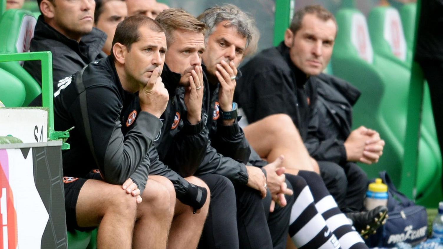 The Dundee United dugout at Celtic Park