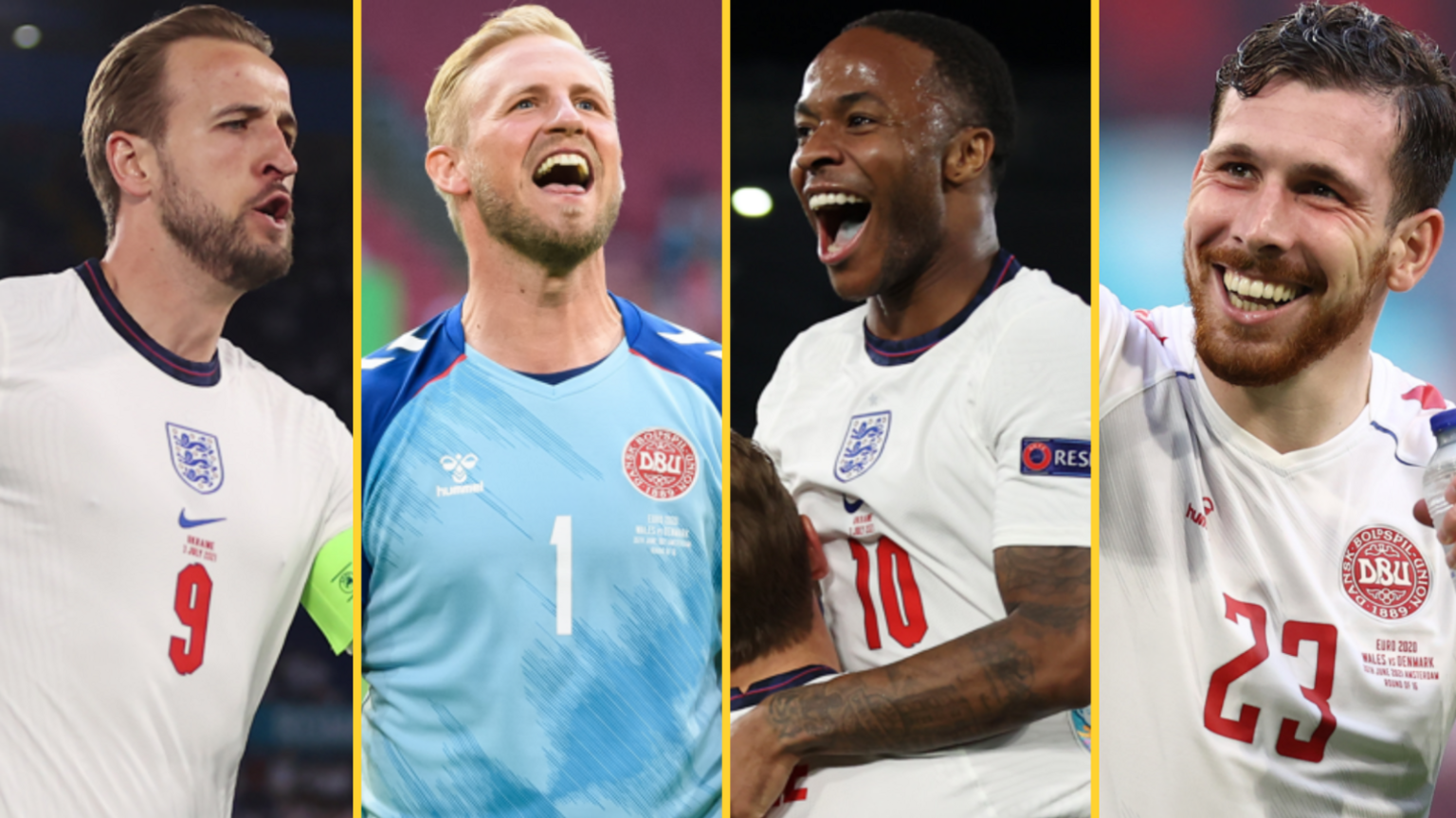 England captain Harry Kane (left), Denmark goalkeeper Kasper Schmeichel, England forward Raheem Sterling (second right) and Denmark midfielder Pierre-Emile Hojbjerg (right)