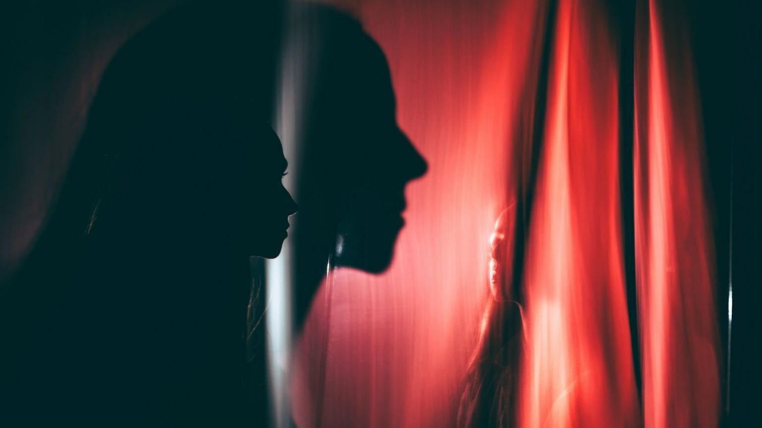 The silhouette of a woman's face leaning towards a red theatre curtain, where another ghostly silhouette of a woman peers back at her. The image is quite surreal and haunting.