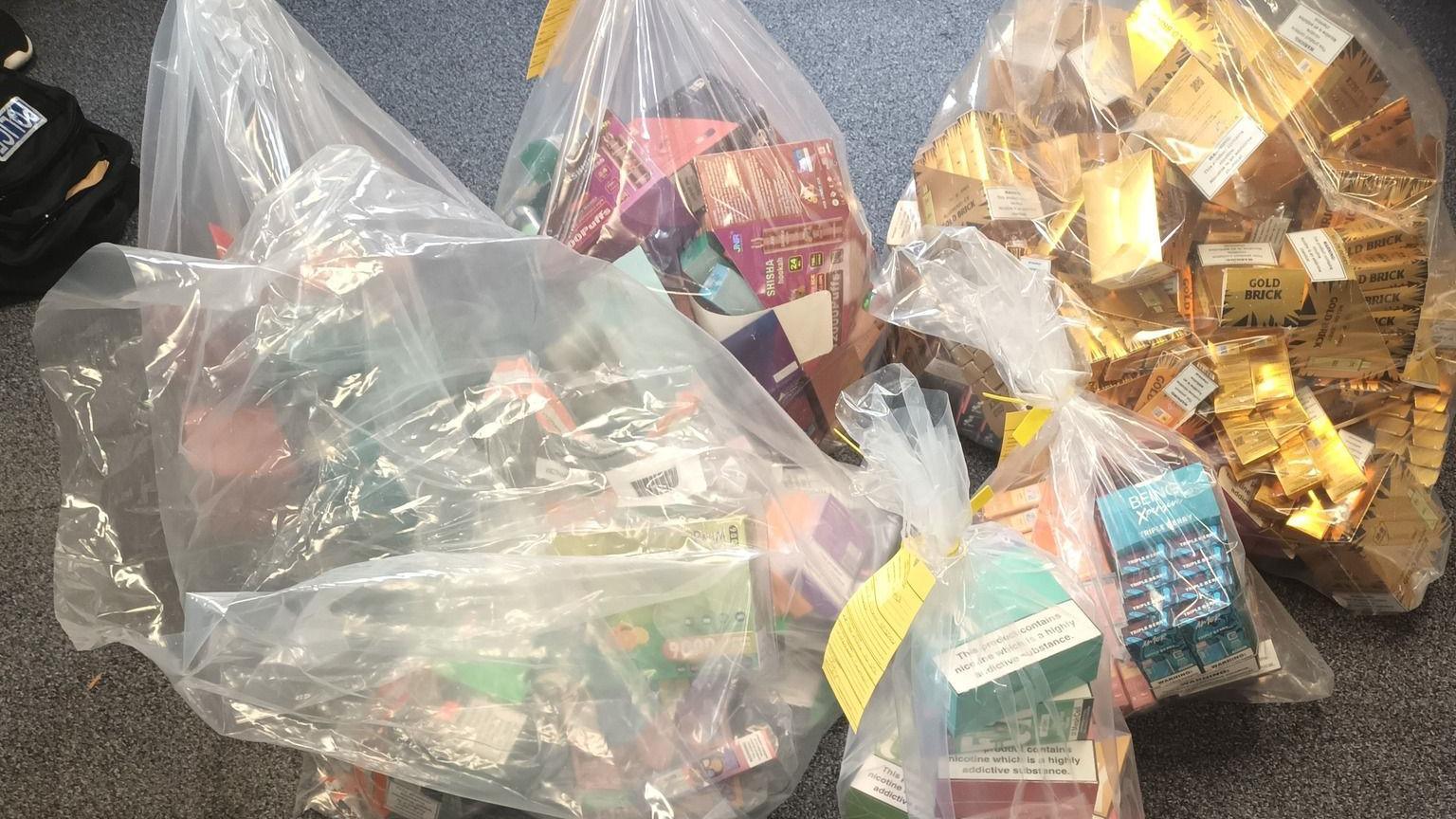 Suspected illicit vapes in plastic bags