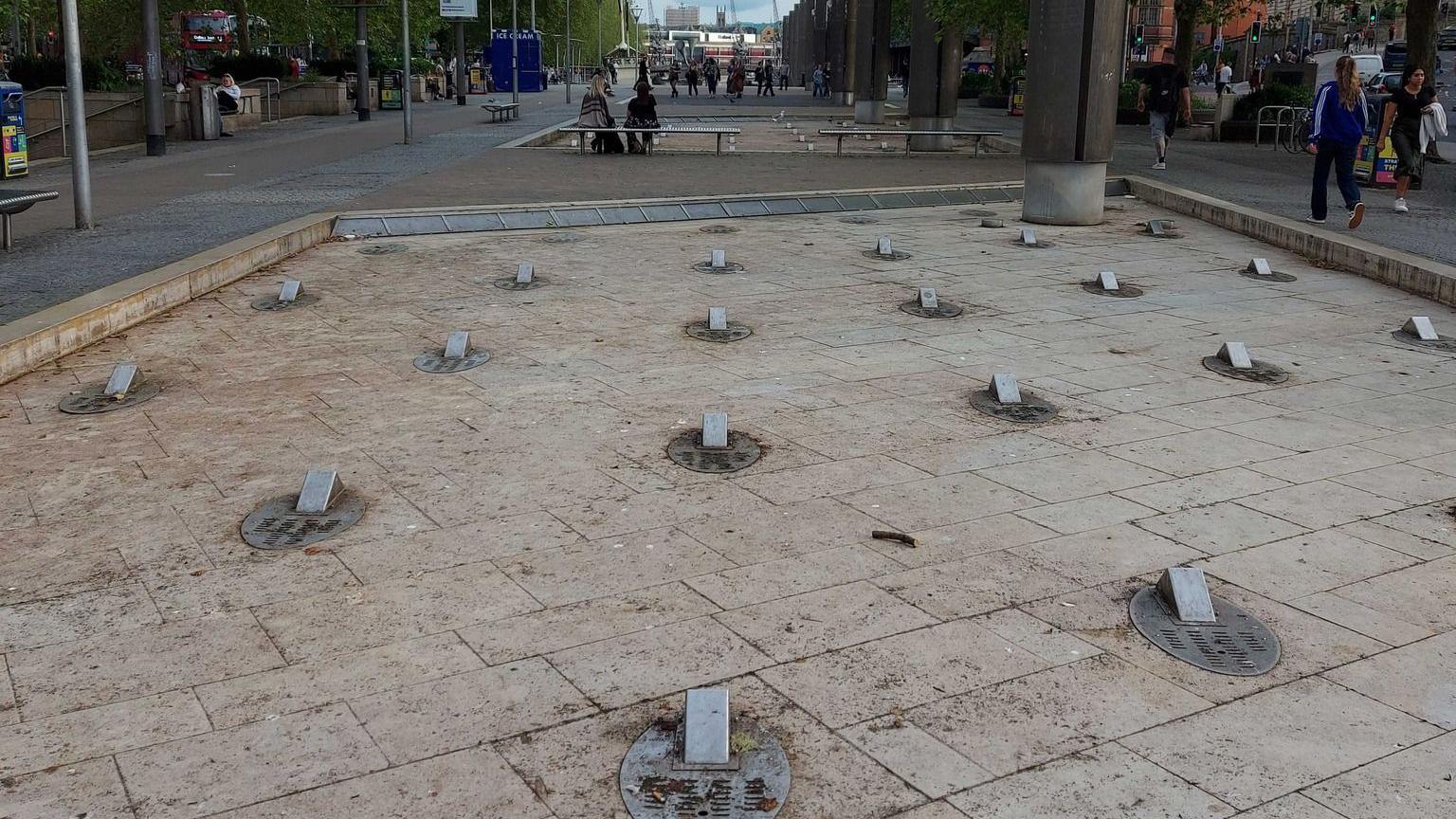 Metal fountains which are turned off in Bristol city centre