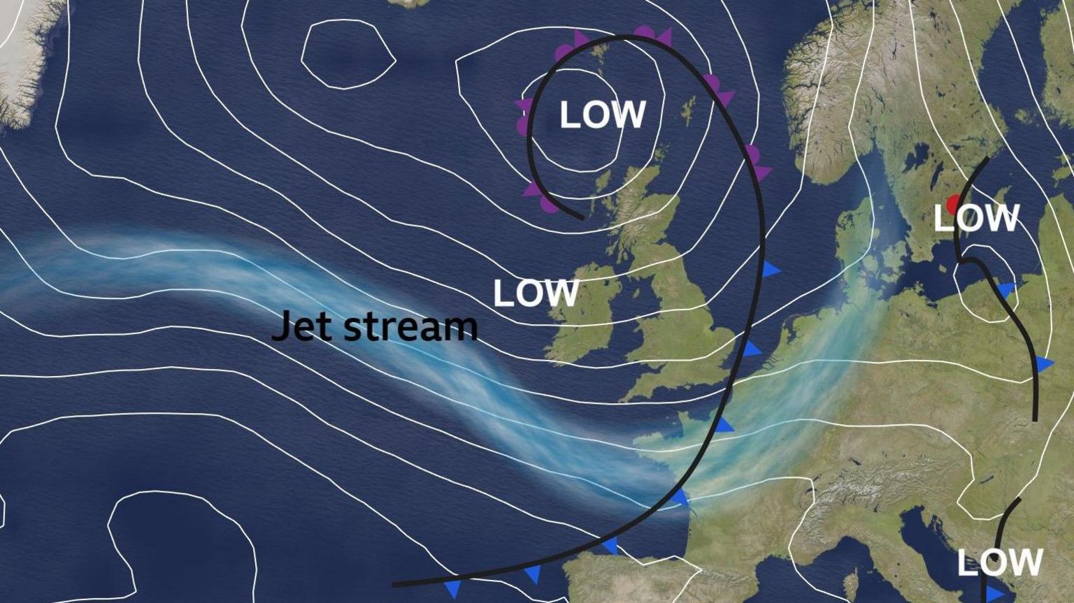 Pressure map of UK showing low pressure to the north and west, and a blue meandering jet stream to our south