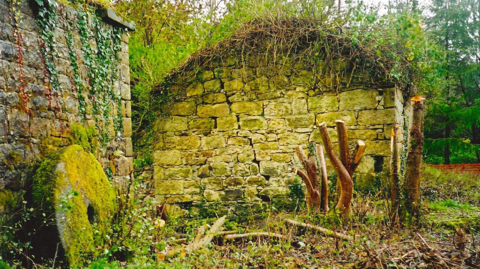 Exterior of an overgrown stone building with a millstone propped up against the wall. Around it trees and other plants.