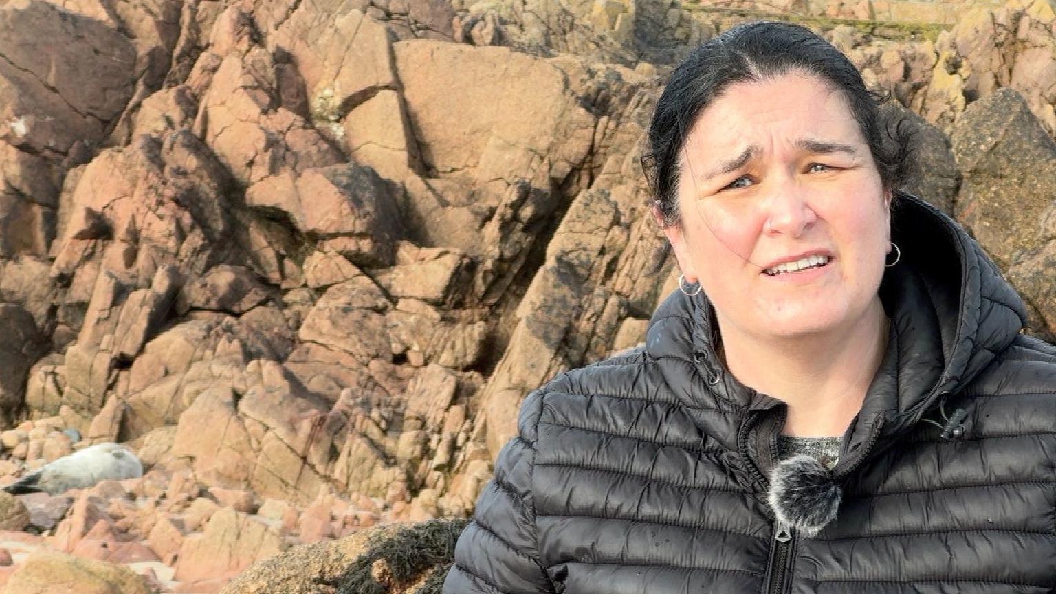 Wildlife volunteer with sick seal pup. The seal is at the base of the cliff. The volunteer is wearing a black coat and has black hair.