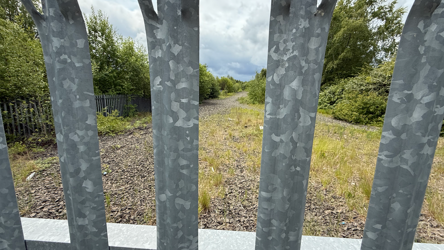 A former railway line which is now overgrown with vegetation, with all of its tracks removed but the grey ballast remains. There are metal railings preventing people from going into the site.