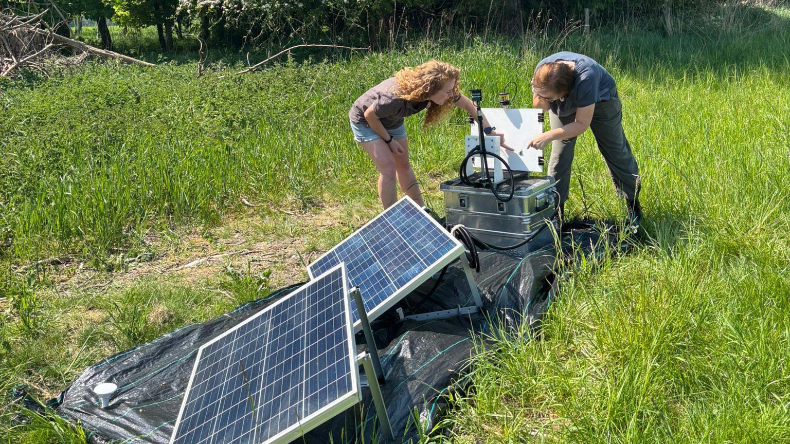 Two people surround a contraption with solar panels in lush grassland