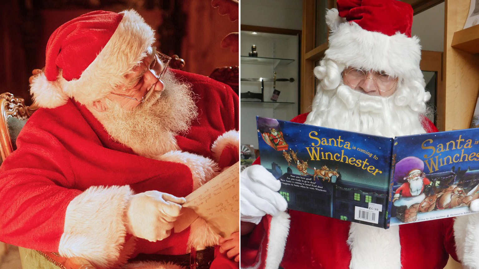 Two pictures of Santas dressed up in a red and white suit and red and white hat. The one on the left has a real beard, while the one on the right has a beard that is clearly fake. He is holding a book entitled "Santa is coming to Winchester"