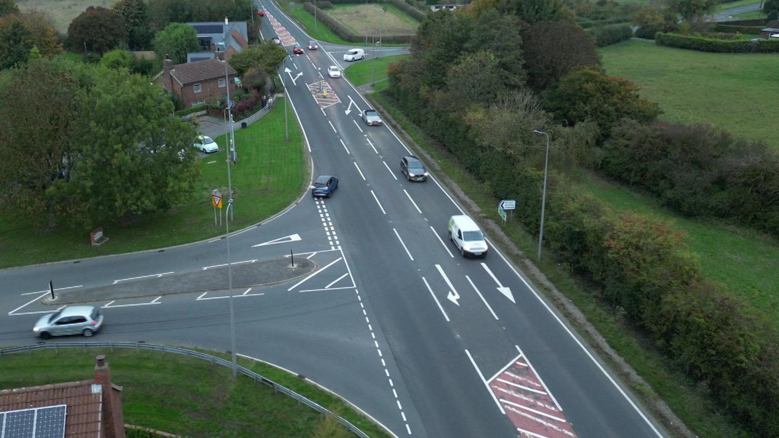 Aerial view of a junction onto the A19 from Riccall village.