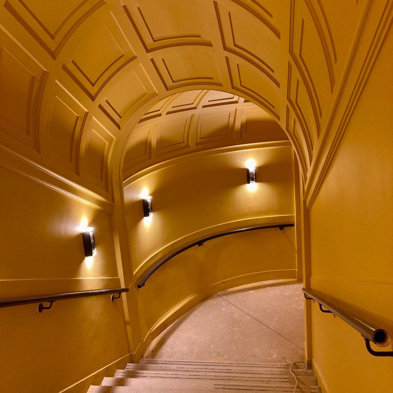 A wood-panelled staircase in the Bradford Live music venue