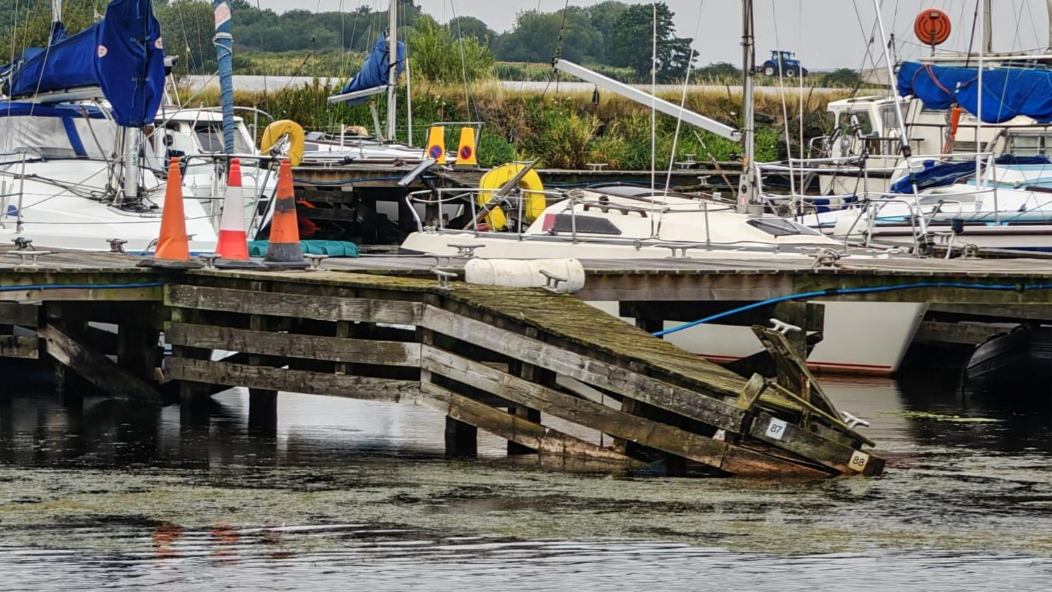 Boats parked up at Kinnego Marina, with weeds gathered on top of the water. 