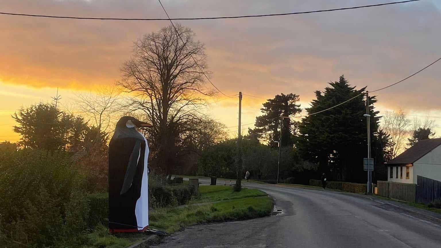 A penguin artwork covers a phone box on the side of a road in a village. It is black and white with an orange beak. The penguin phone box is situated off a layby and there is a white bungalow on the opposite side of the road.
