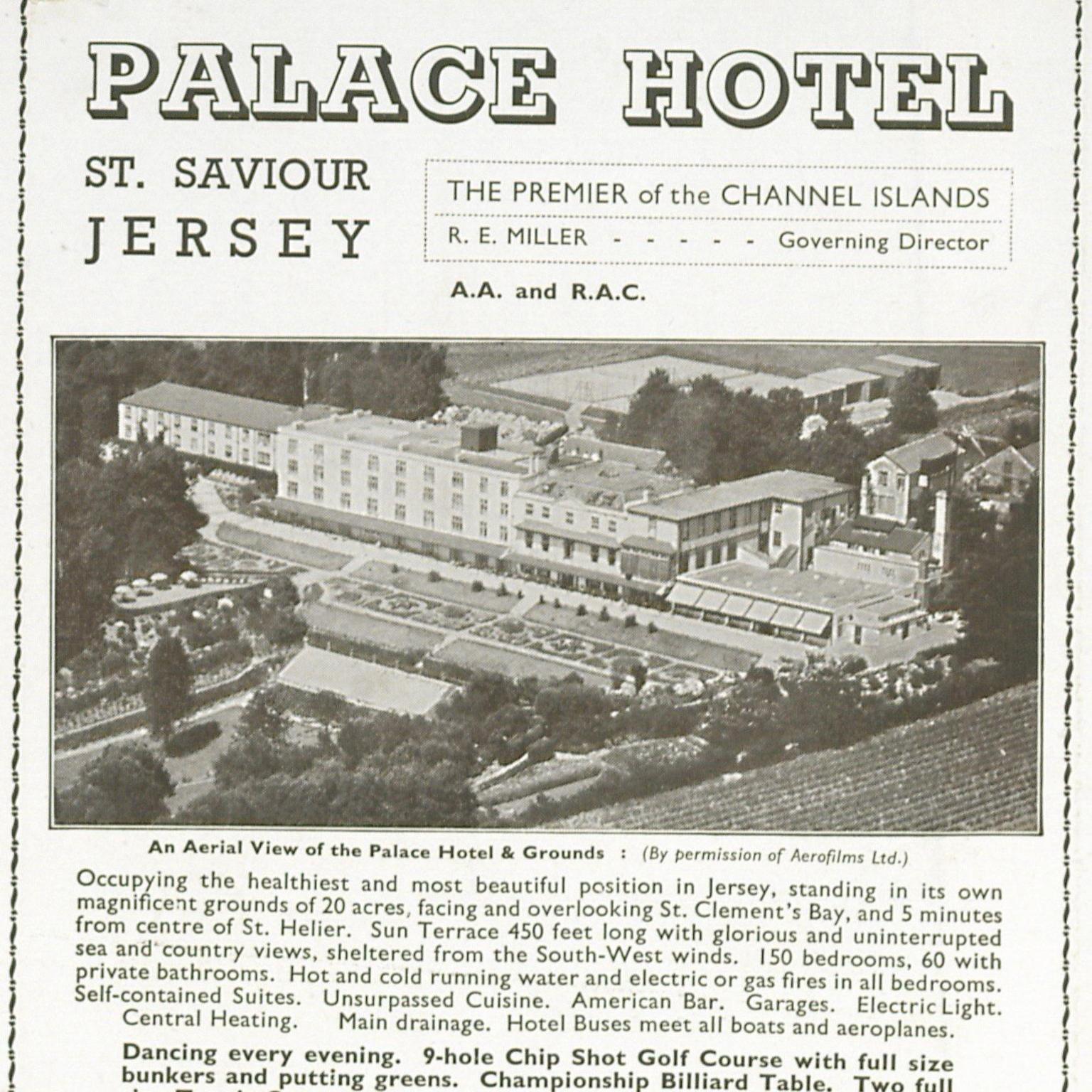 A black and white photo of a large hotel with its description and name Palace Hotel.