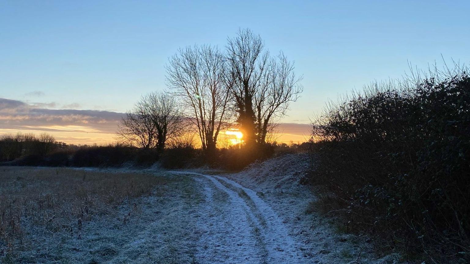 A snowy path with a rising sun in the background and some trees near Cirencester in Gloucestershire. 