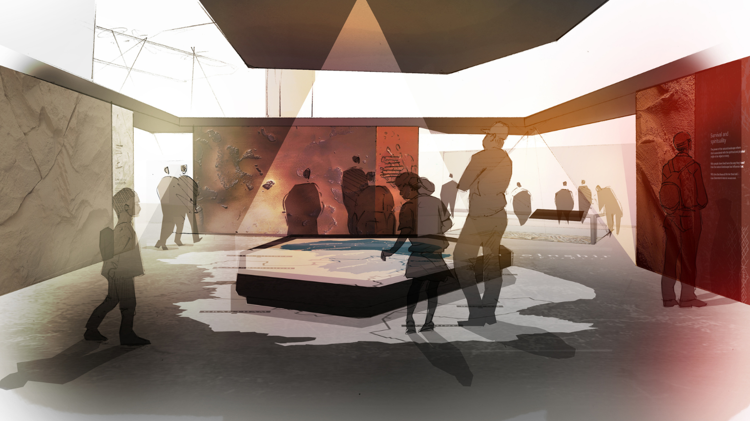 A computer image of the gallery space with figures mingling with the displays, including a central interactive raised display.