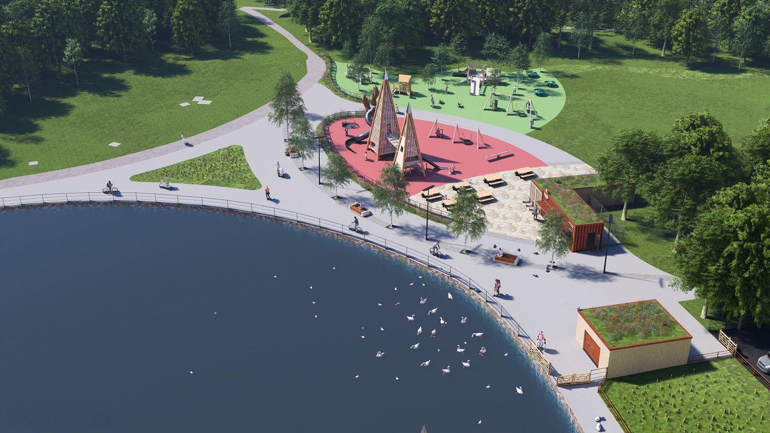 Artist's impression showing an aerial viewpoint of the revamped lakeside park area. To the right of the water are a large slide and climbing towers. Cyclists and walkers are making their way along a path around the water. The area is surrounded by grass and trees.