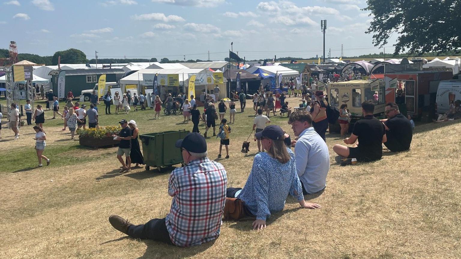 People sitting on a grassy bank with stalls and more people in the background.