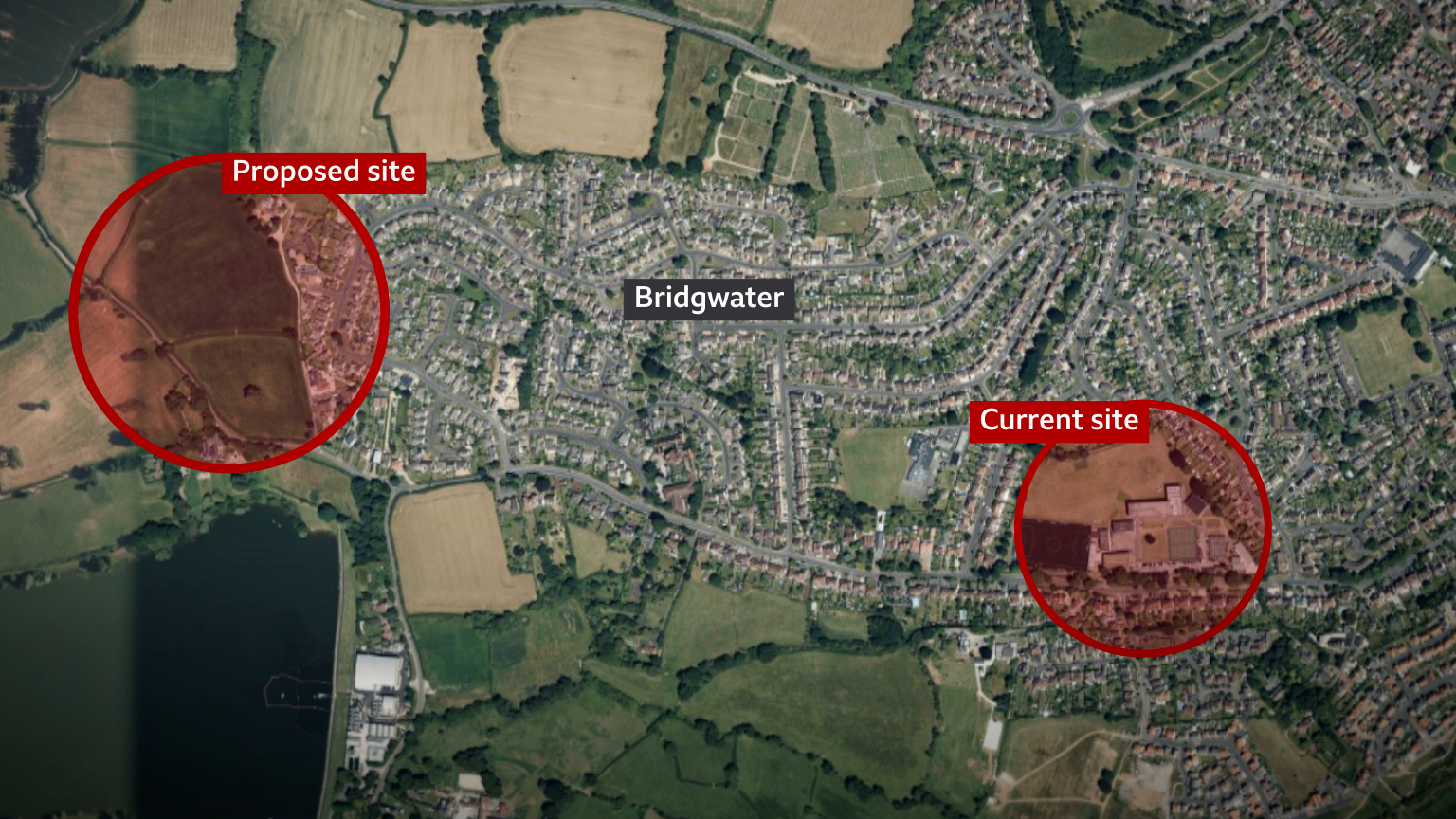 an aerial map showing the school's current site in a red circle with the new proposed site shown to the west on the edge of the town in another red circle