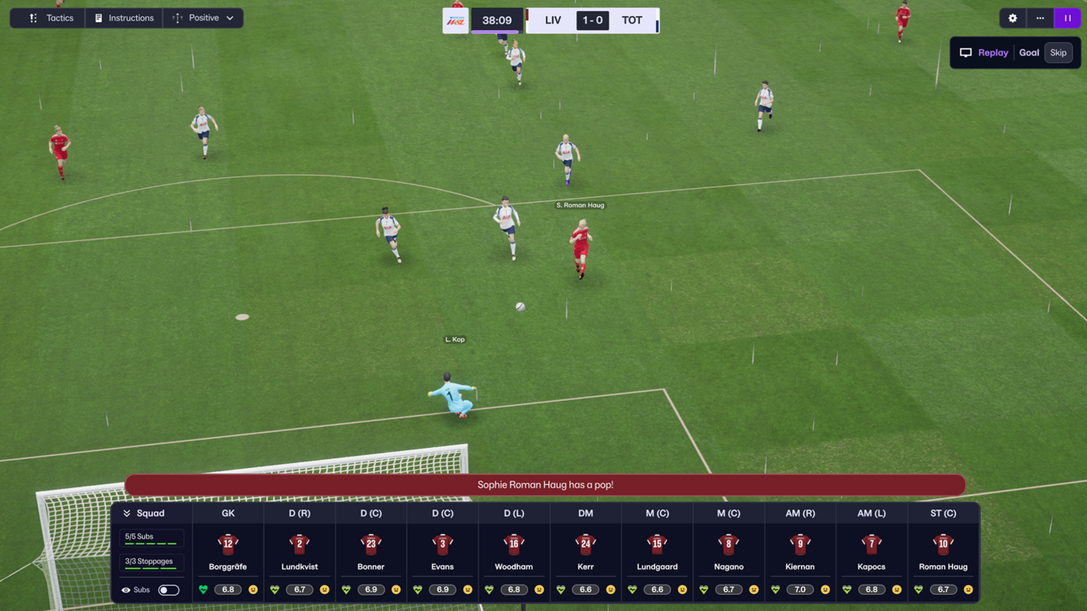 A screenshot from the game. It shows Sophie Roman Haug scoring a goal for Liverpool against Tottenham. On the screen is lots of information, including the scoreline, a list of players and their ratings.