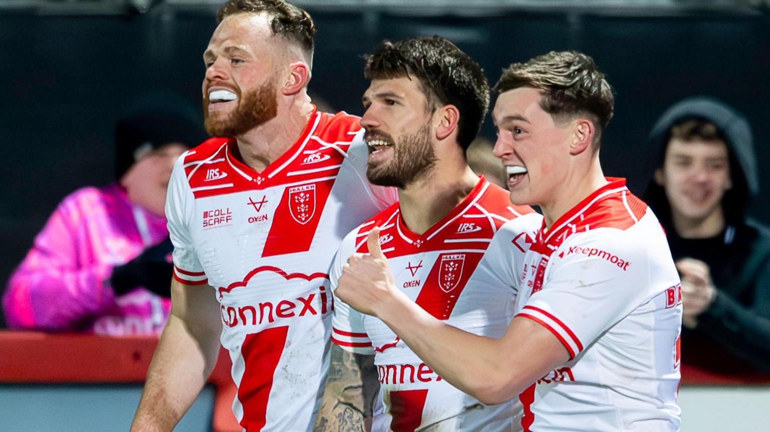 Hull KR celebrate a try against Salford