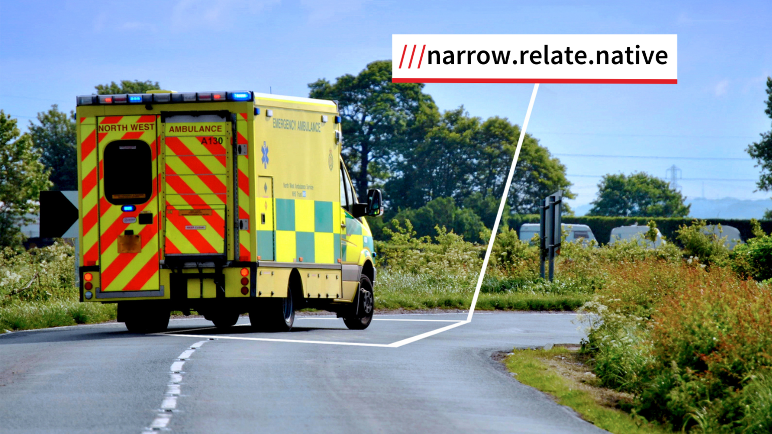 An ambulance driving along a road labelled with three words in a box 'narrow.relate.native'. 