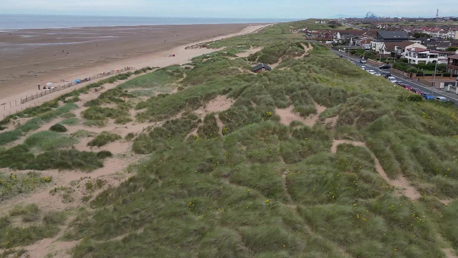 Aerial view of the sand dunes and beach in Lytham St Annes