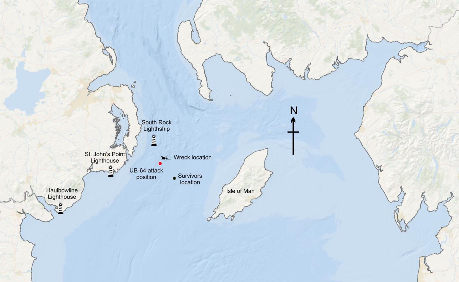 A map showing the location of the wreck. Located between the Isle of Man and Northern Ireland.