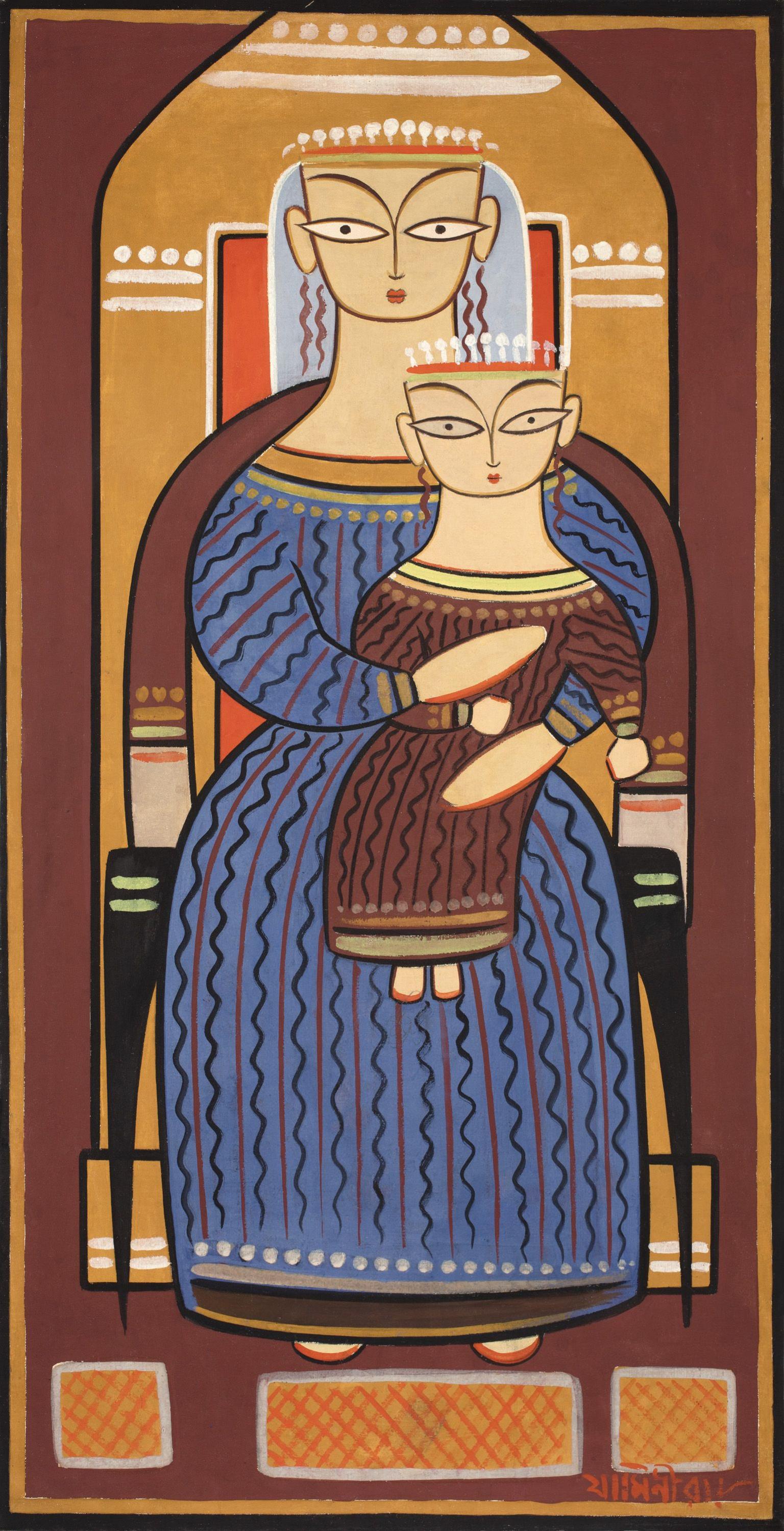 A painting of Mary with baby Jesus by Jamini Roy