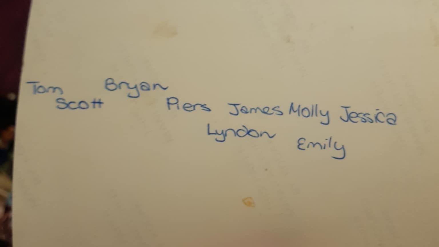 The back of one of the pictures which has the names; Tom, Scott, Bryan, Piers, Lyndon, James, Molly, Emily and Jessica written down.