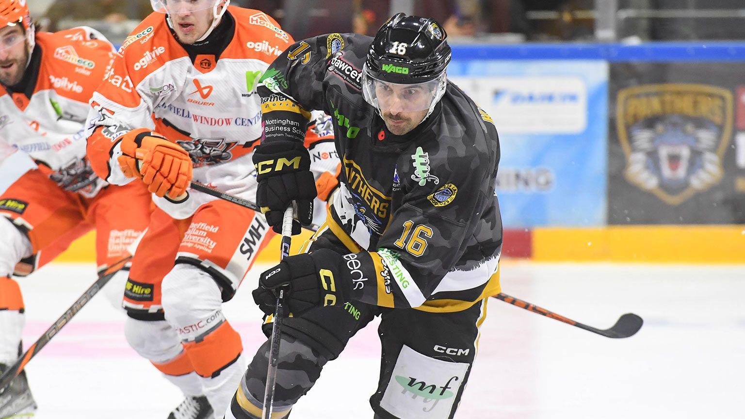 Kristoff Kontos in action for Nottingham Panthers against Sheffield Steelers
