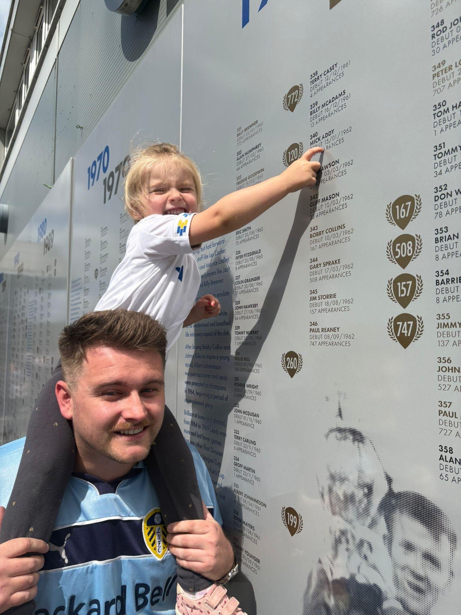 A man with a little girl on his shoulder pointing at the wall