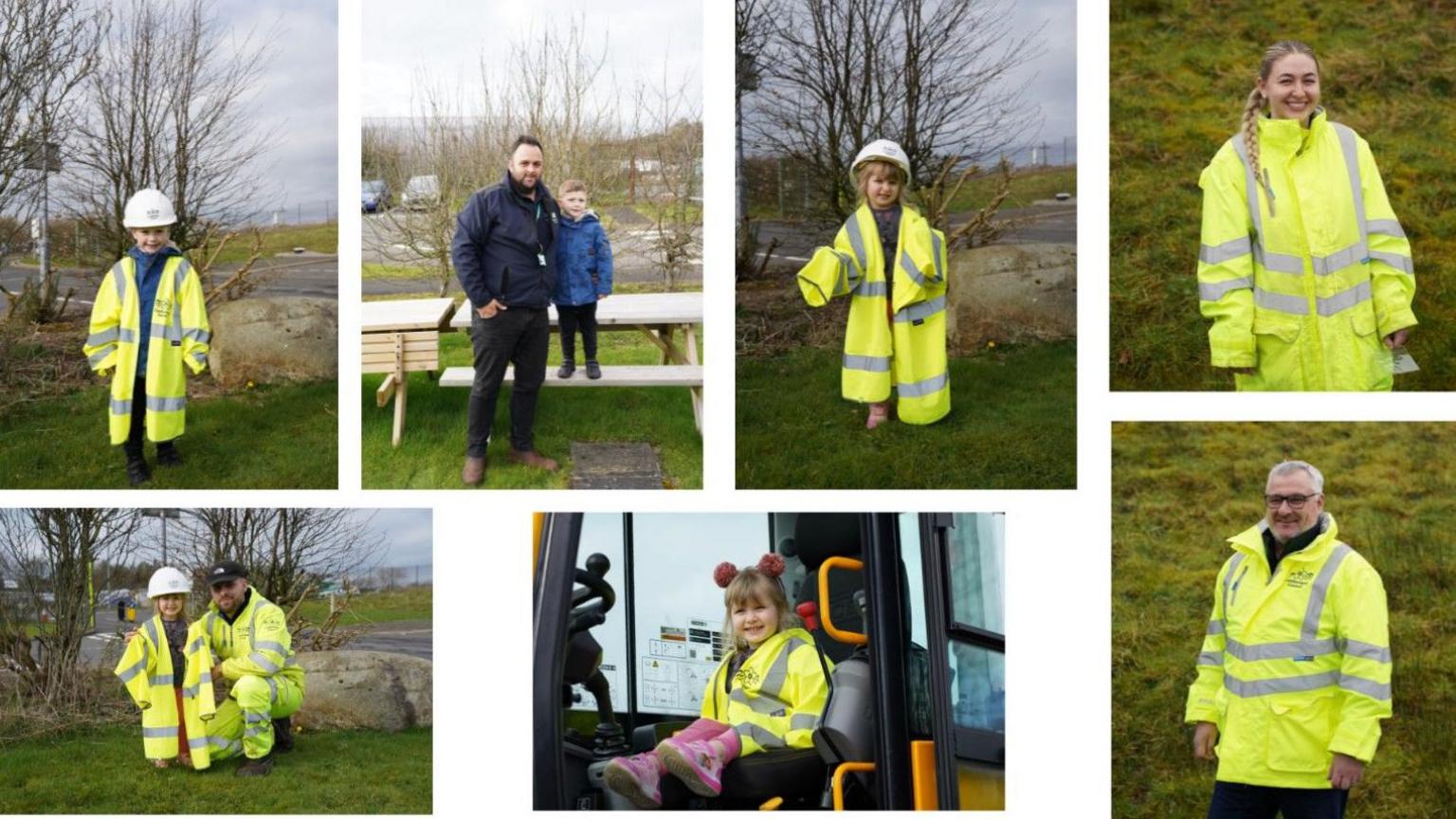 A number of photos showing children, workers and children with their parents