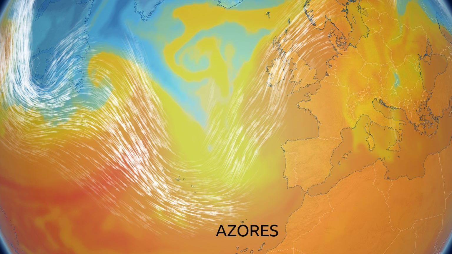 Map of Atlantic where white arrows show the jet stream running from the Azores across the UK and into Scandinavia.
Also shows warm air bathing the UK.