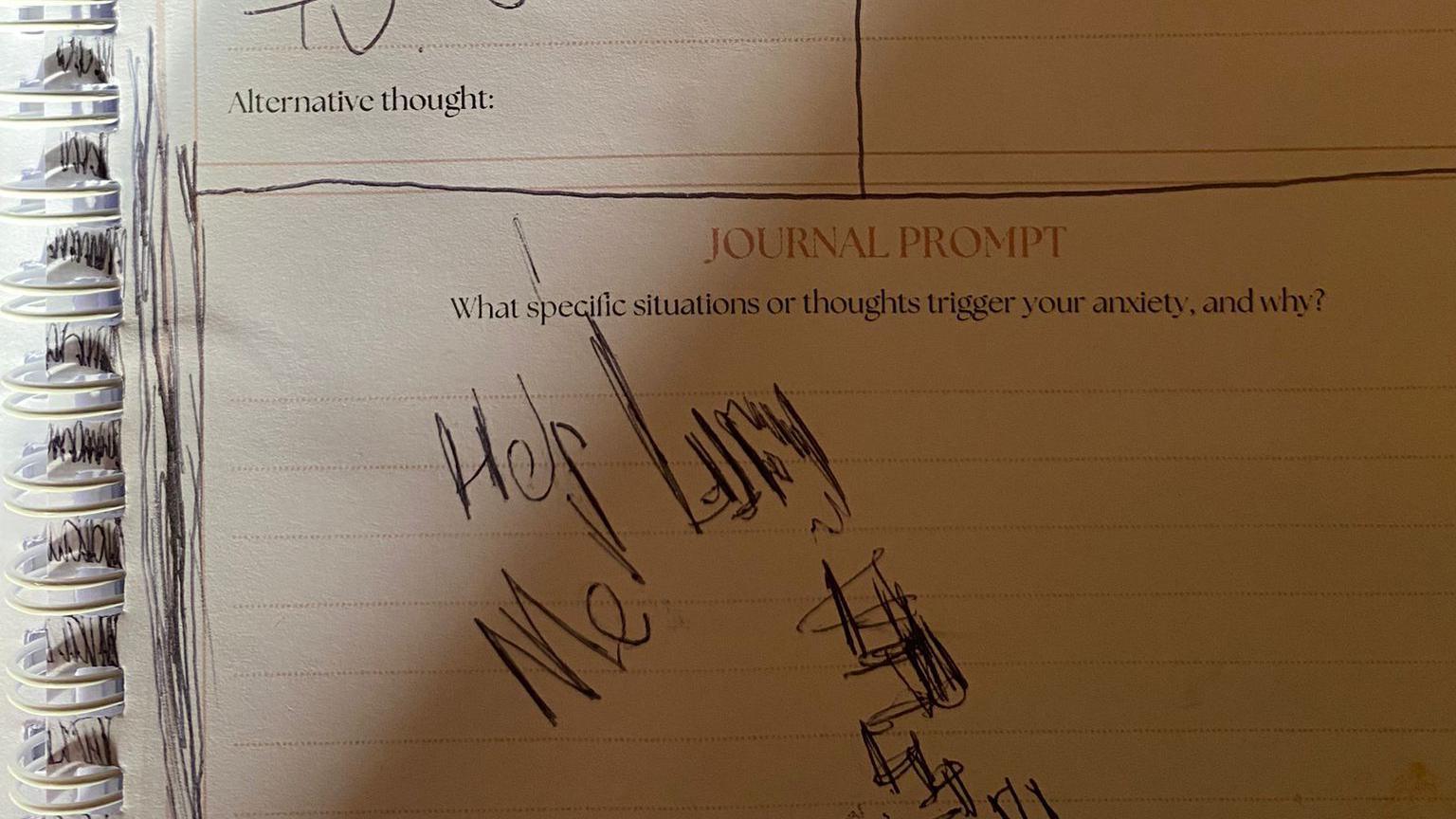 A page of a lined notebook. At the top it says 'Journal prompt: What specific situations or thoughts trigger your anxiety, and why?'. Underneath are scrawled the words 'Help Me' and 'Lucy' in black biro