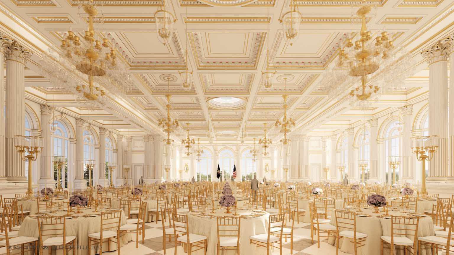Rendering of the gold and white interior of the White House's ballroom design.