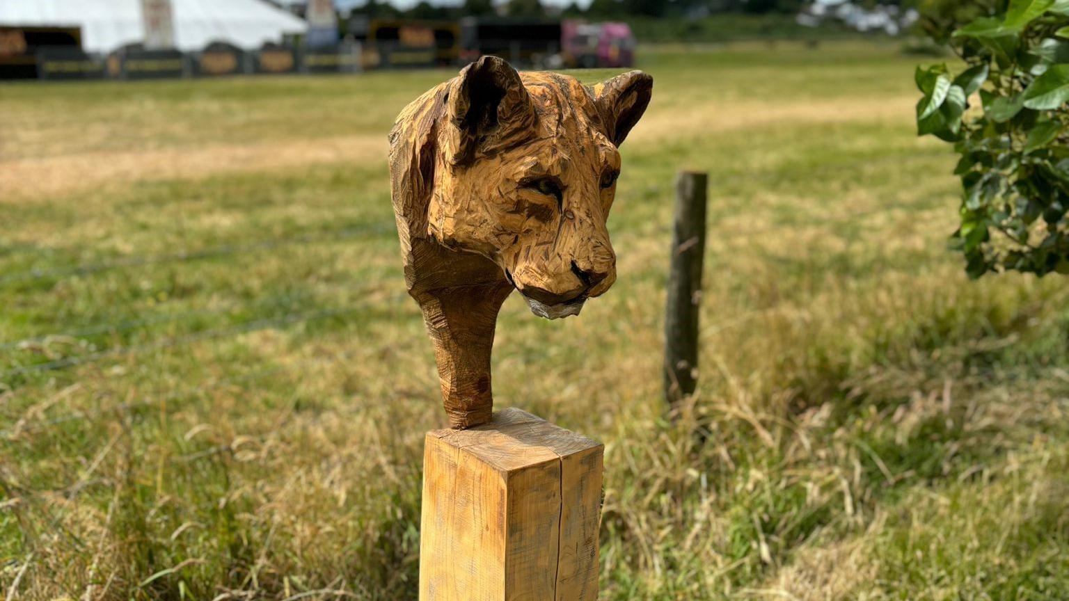 The head of a big cat on a plinth on the farm walk