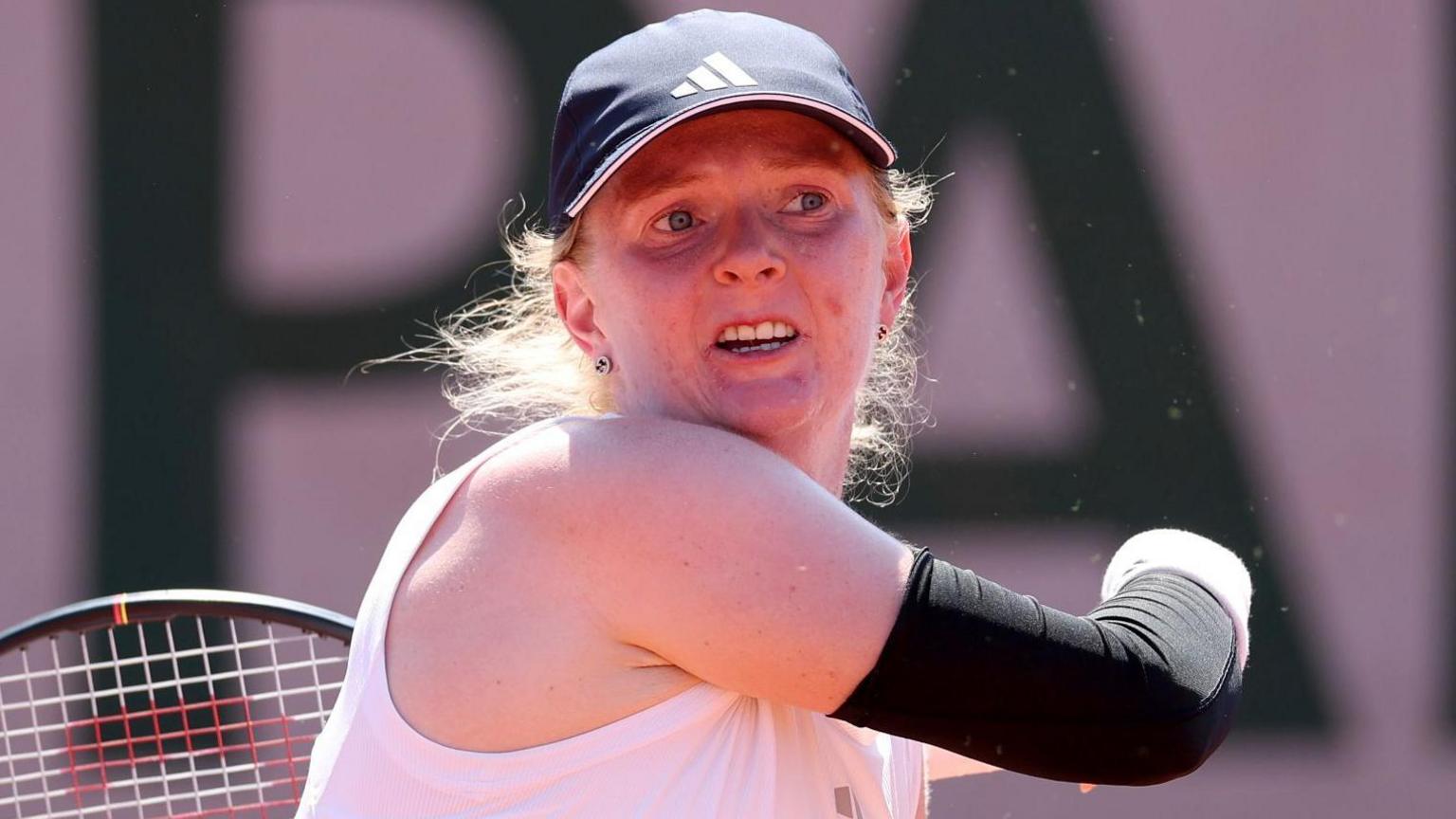 Britain's Francesca Jones hits a shot during her second round match at the French Open