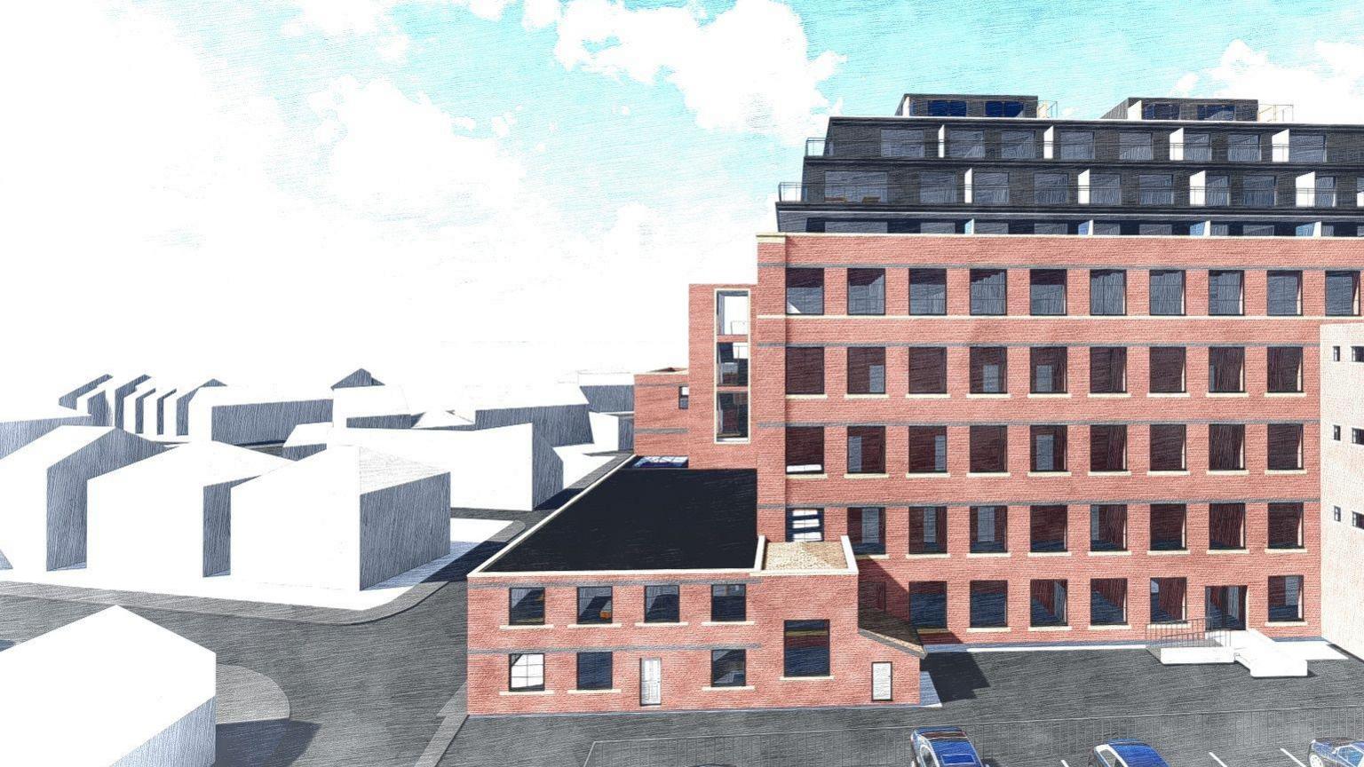 An artist's impression of the mill with an extra four floors built using what appear to be grey materials and with numerous windows