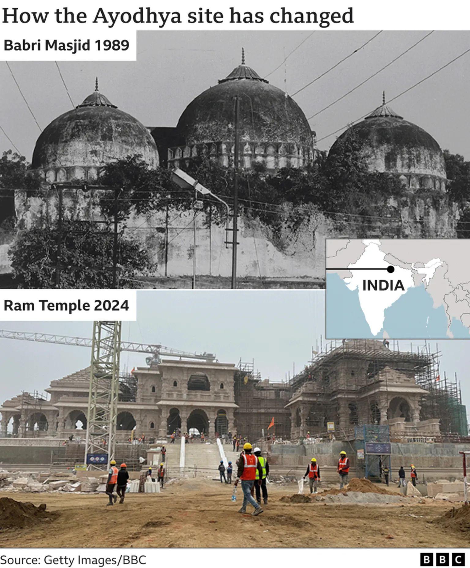 A collage that shows the Babri mosque before its demolition and the Ram temple that has replaced it