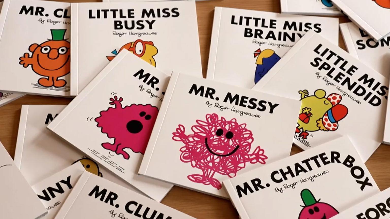 A selection of Mr Men and Little Miss book covers, including Mr Messy, Little Miss Brainy and Little Miss Busy