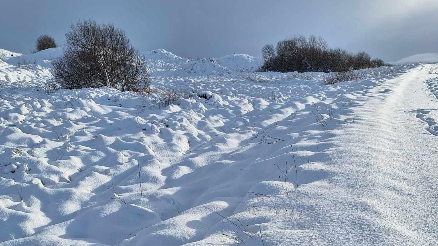 The genelly valley in County Tyrone covered in a thinck layer of now. Only a few tree tops are visible above the snowfall