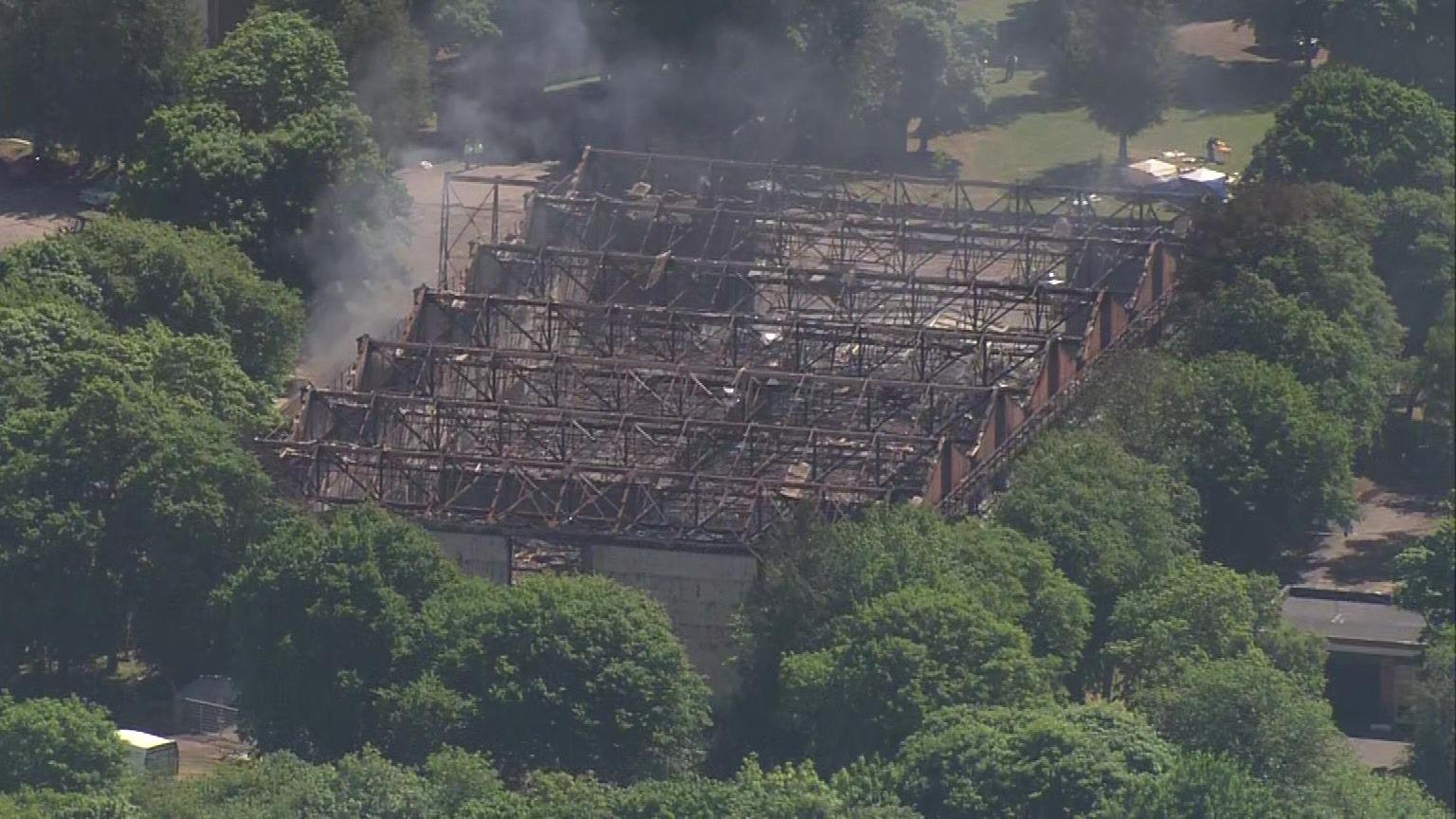 The hangar at Bicester motion with its roof totally destroyed.
